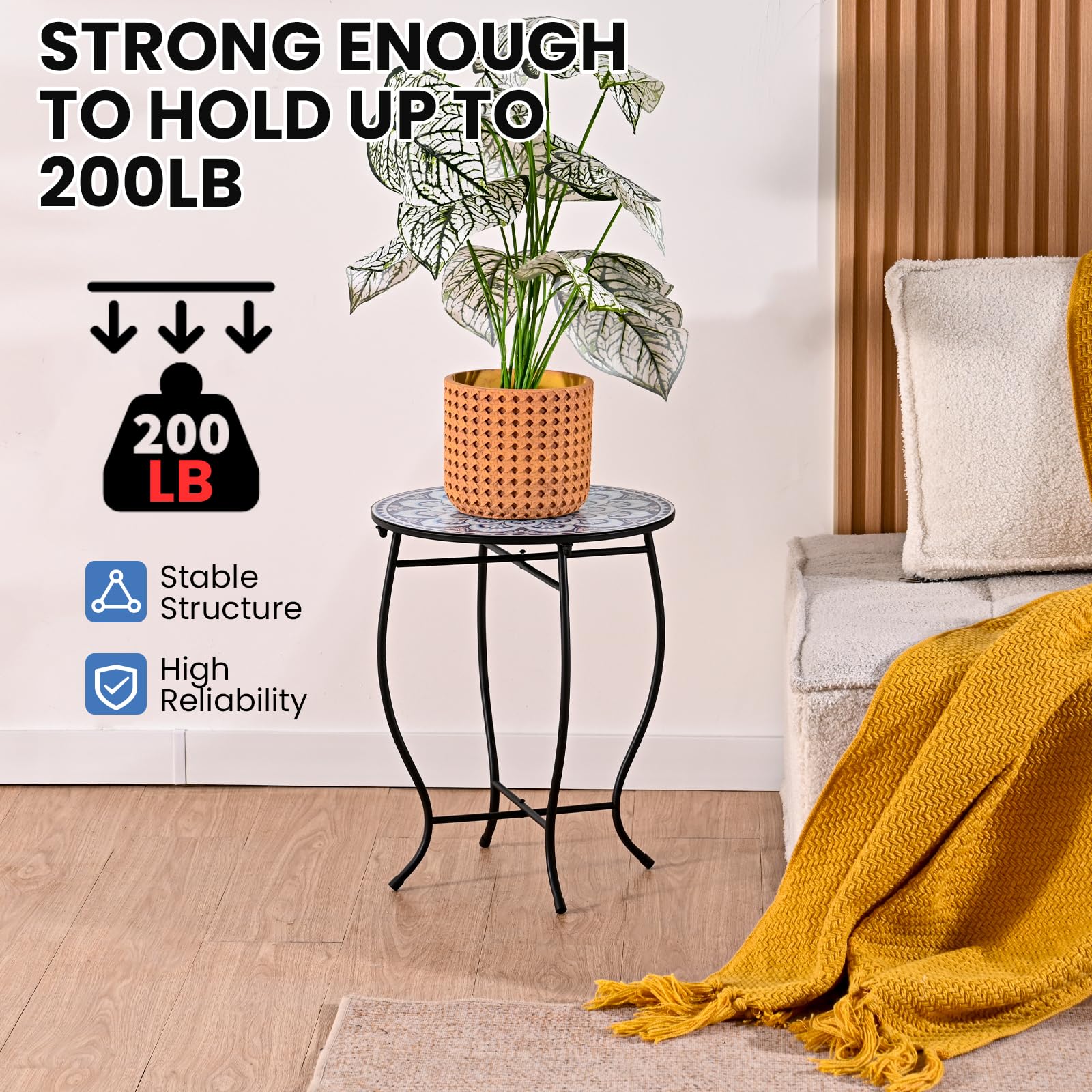 Aonagi plant stand in a living room using a compact round table.