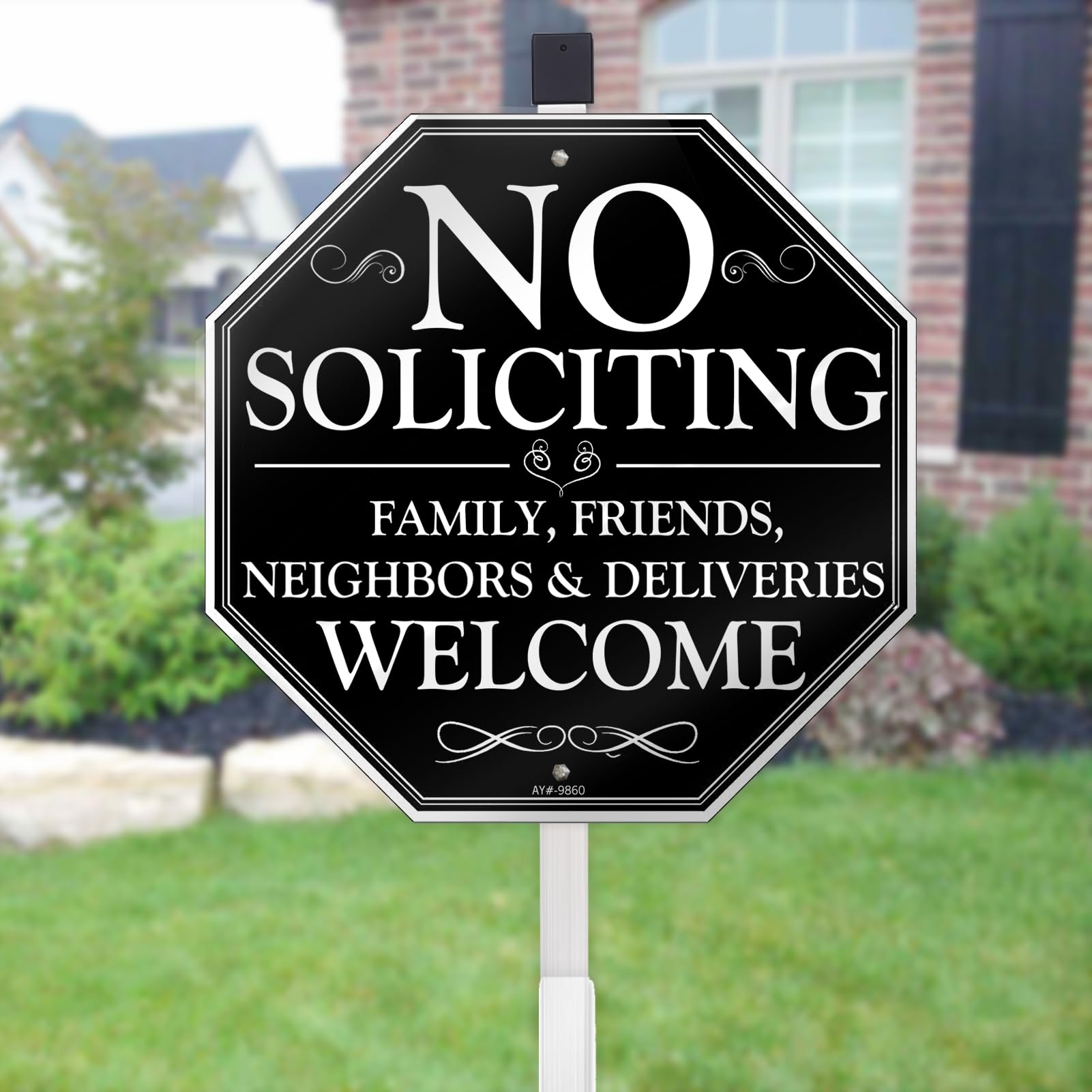 AOOCY No Soliciting Sign with 28-inch stake for outdoor setup.