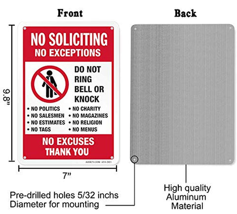 AOOCY no soliciting sign close-up emphasizes bold colors for high visibility.