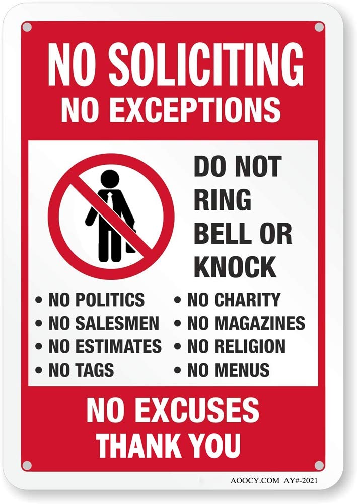 AOOCY no soliciting sign front view highlights weather resistant metal durability.