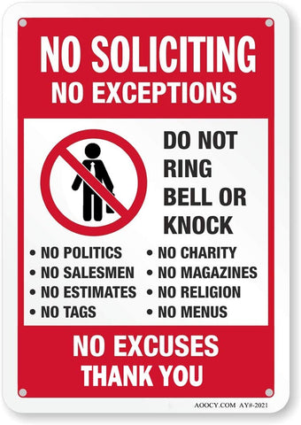 AOOCY no soliciting sign front view highlights weather resistant metal durability.