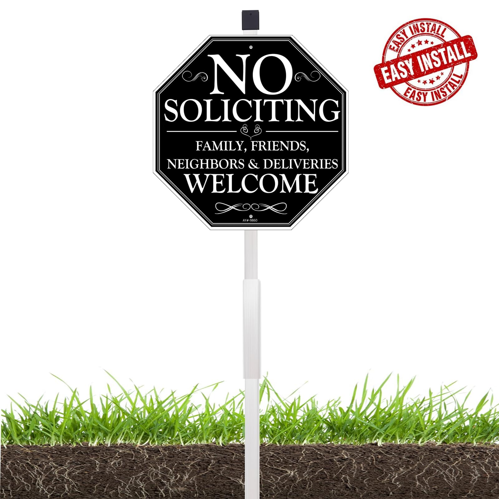 AOOCY No Soliciting sign close-up of sturdy metal