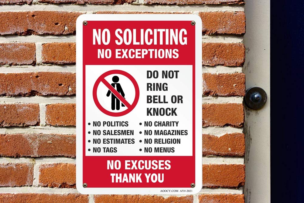 AOOCY no soliciting sign installation close-up demonstrates simple mounting options.