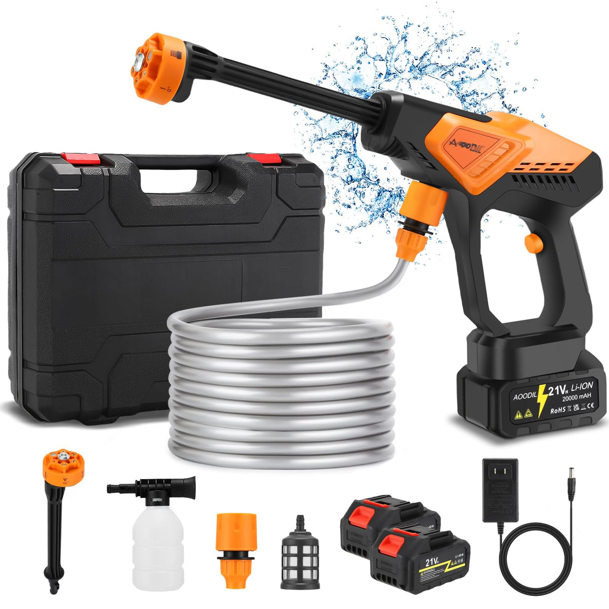 AOODIL cordless pressure washer front view demonstrates portable cleaning power