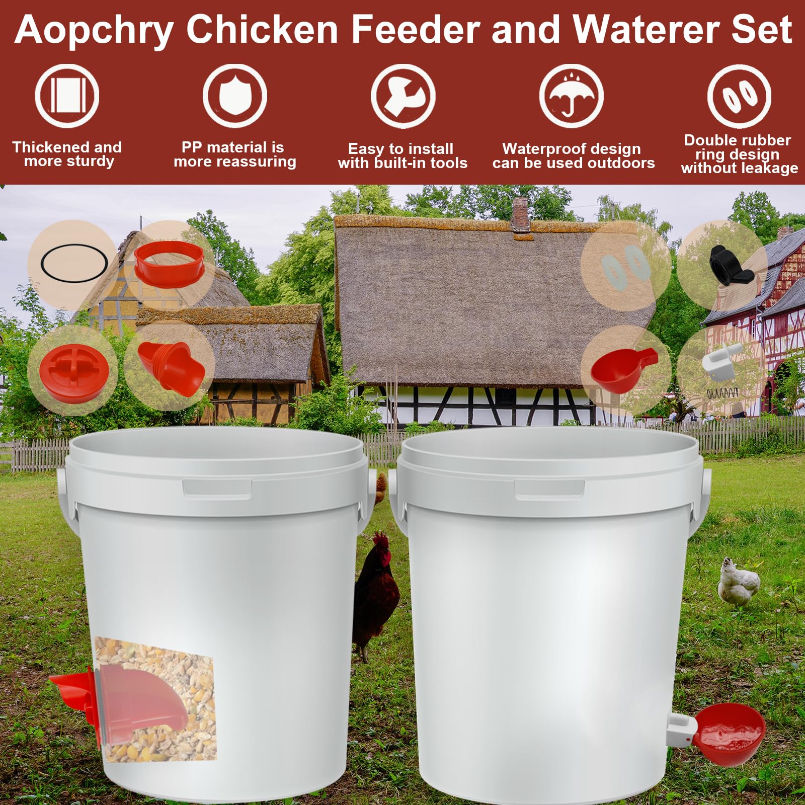 Aopchry waterer cups close-up highlights leak-proof seals for clean water.