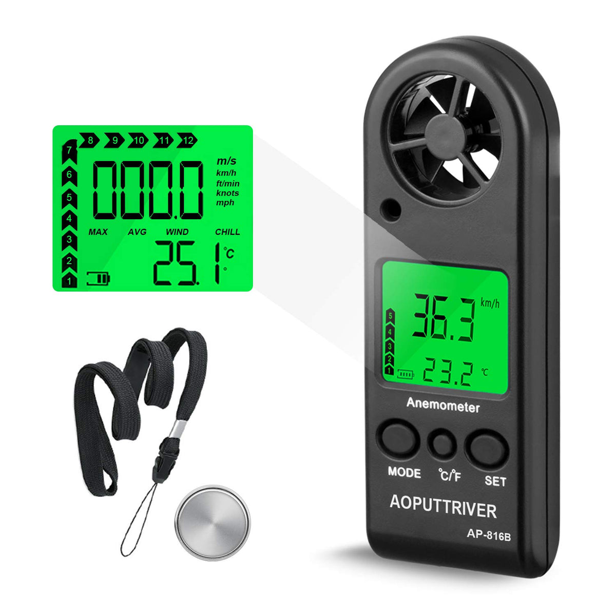 AOPUTTRIVER Anemometer handheld wind meter with precise wind speed readouts for outdoor activities.