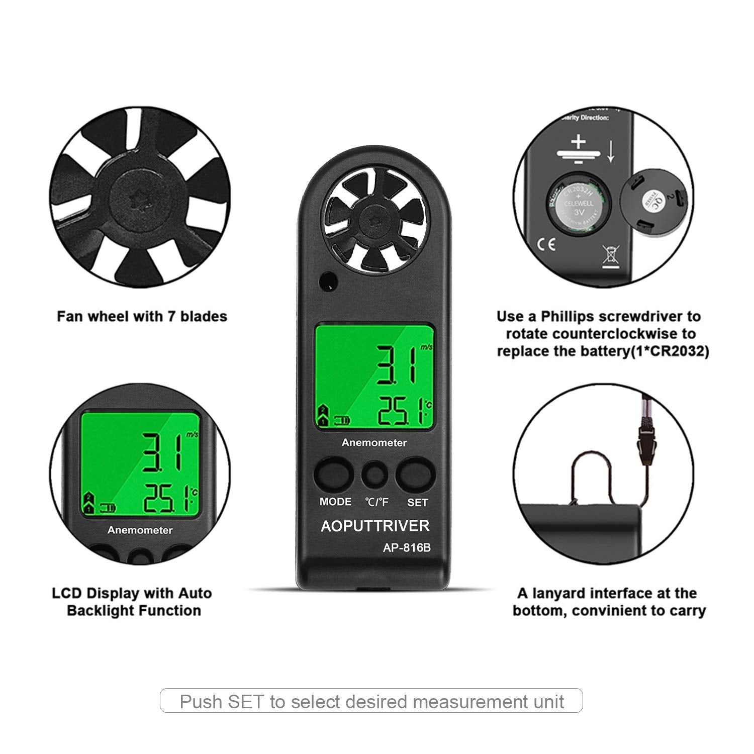 AOPUTTRIVER Anemometer shows wind chill and temperature for outdoor planning.