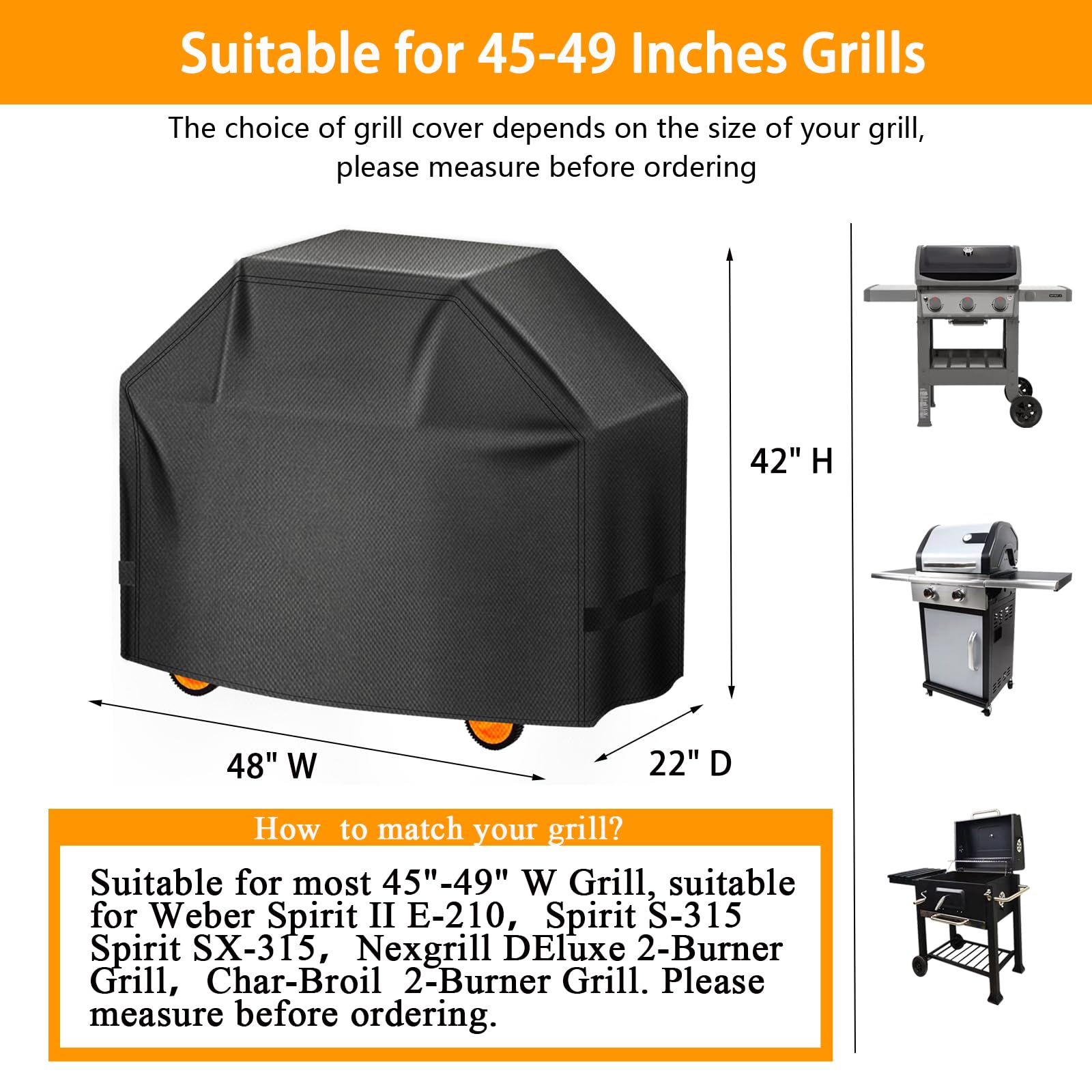 Aoretic grill cover 48-inch waterproof fabric blocks rain and snow, extending grill life.