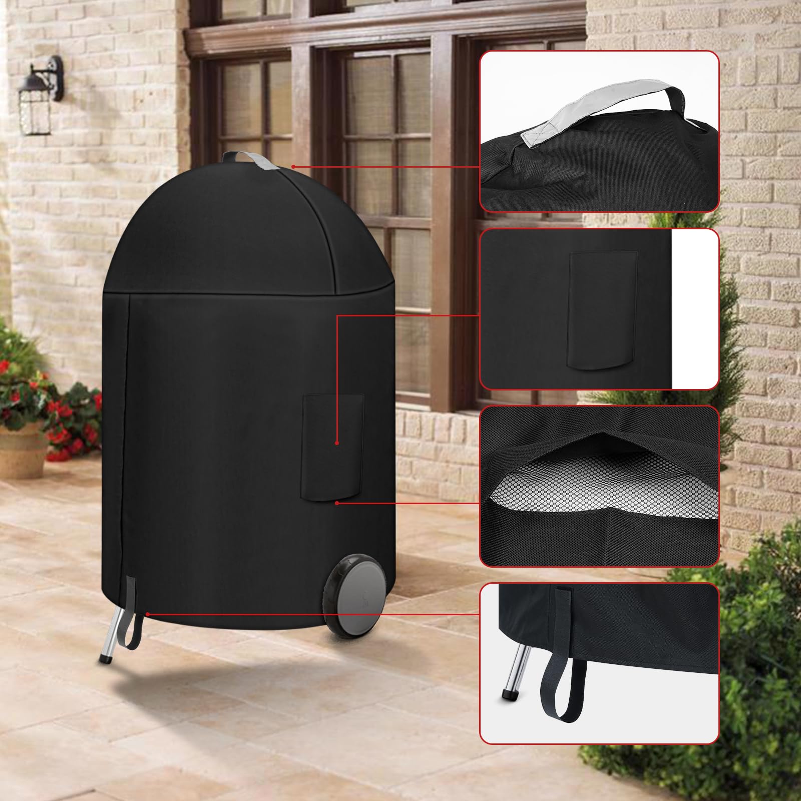 AOREWTGGH grill cover with reflective tape helps locate it at night.