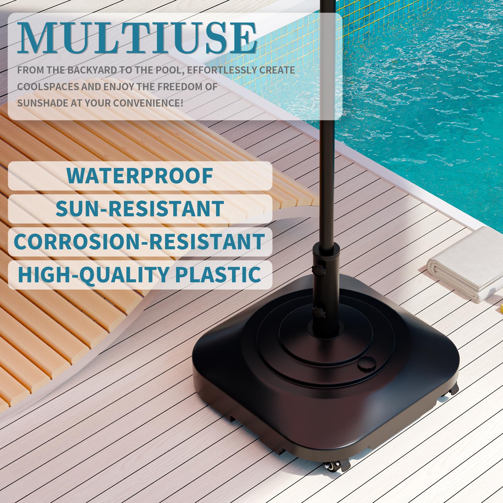 AOSTD umbrella base with central swivel wheel for smooth positioning.