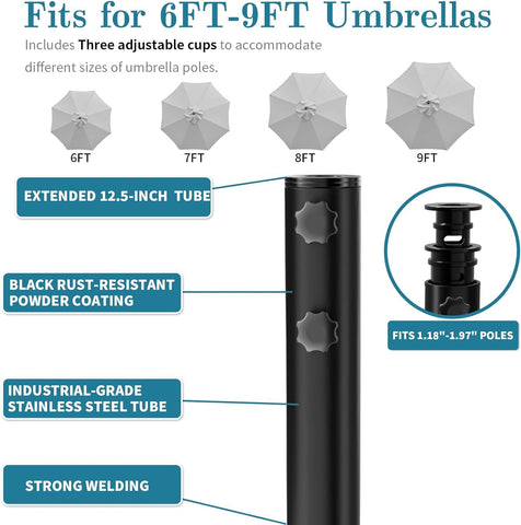 AOSTD base fits poles 1.18–1.97 inches in diameter for 6–9 ft umbrellas.