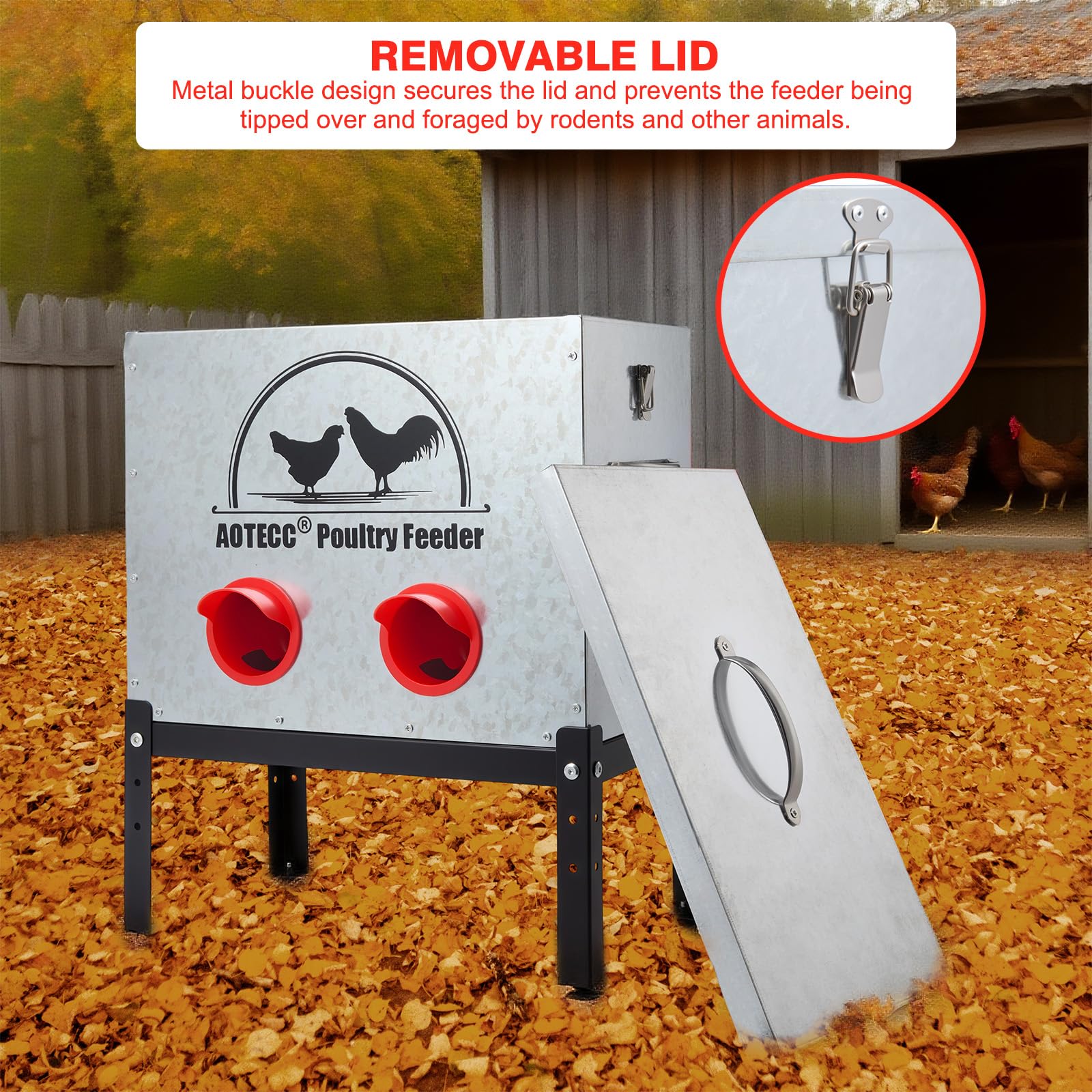 AOTECC metal chicken feeder with 6-port design speeds feeding for six chickens.