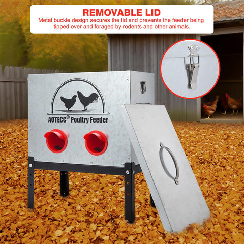 AOTECC metal chicken feeder with 6-port design speeds feeding for six chickens.