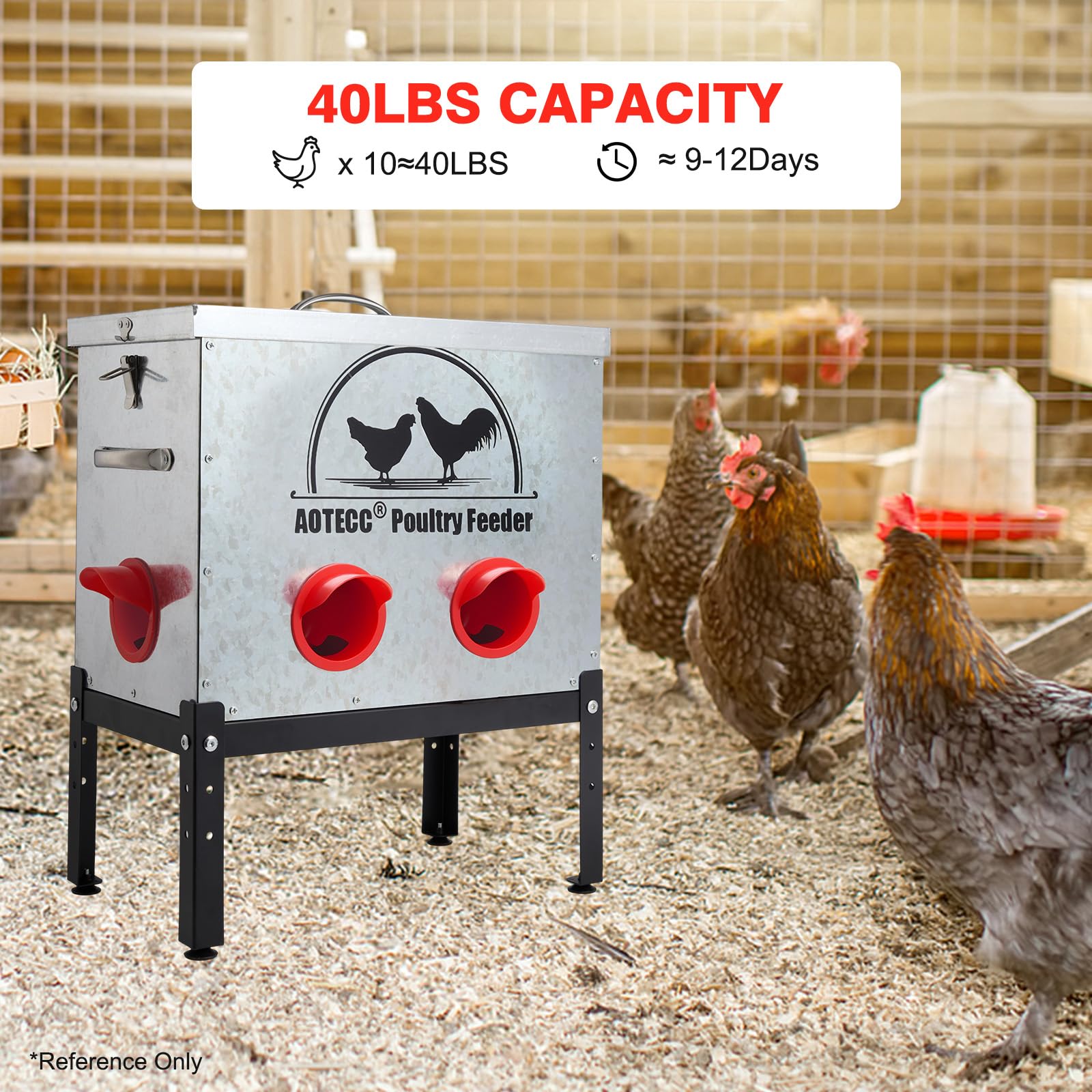 AOTECC metal chicken feeder easy-fill opening simplifies refilling.