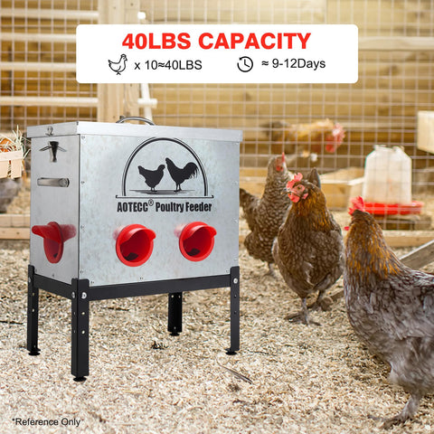 AOTECC metal chicken feeder easy-fill opening simplifies refilling.