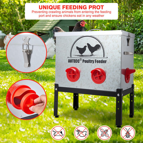 AOTECC metal chicken feeder top lock cover keeps feed secure in outdoor coops.