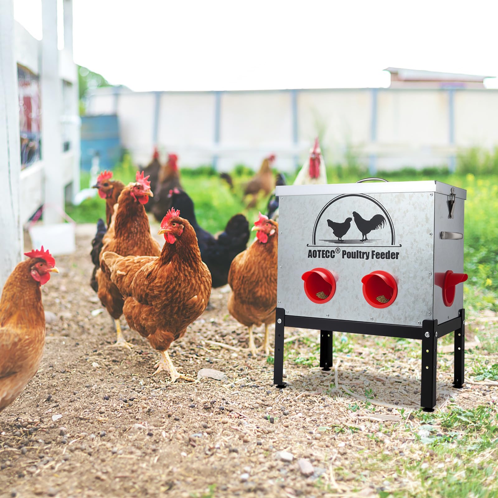 AOTECC metal chicken feeder wide base enhances stability in windy yards.