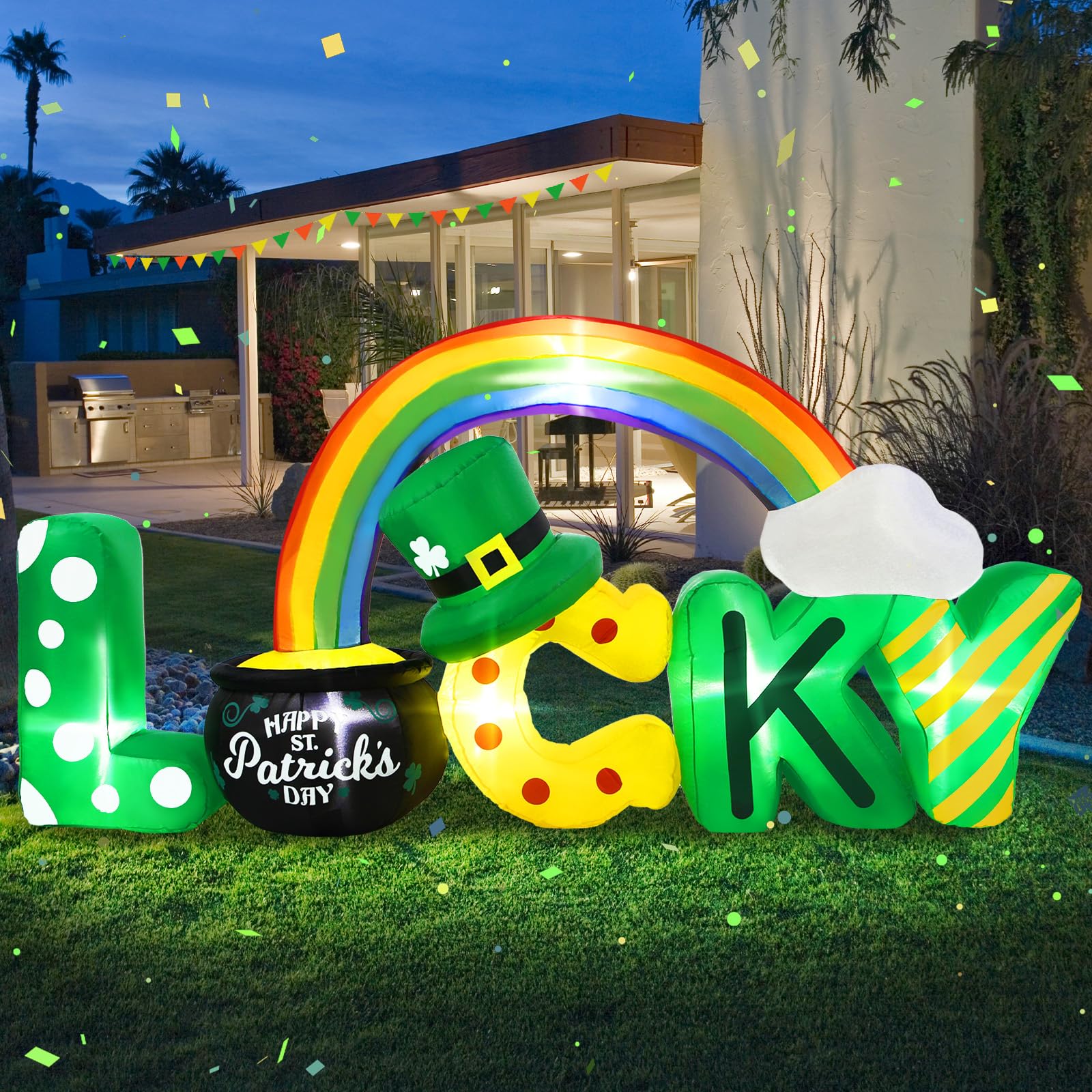 Aotiooy Lucky letters inflatable with rainbow and shamrock accents for vibrant yard decor.