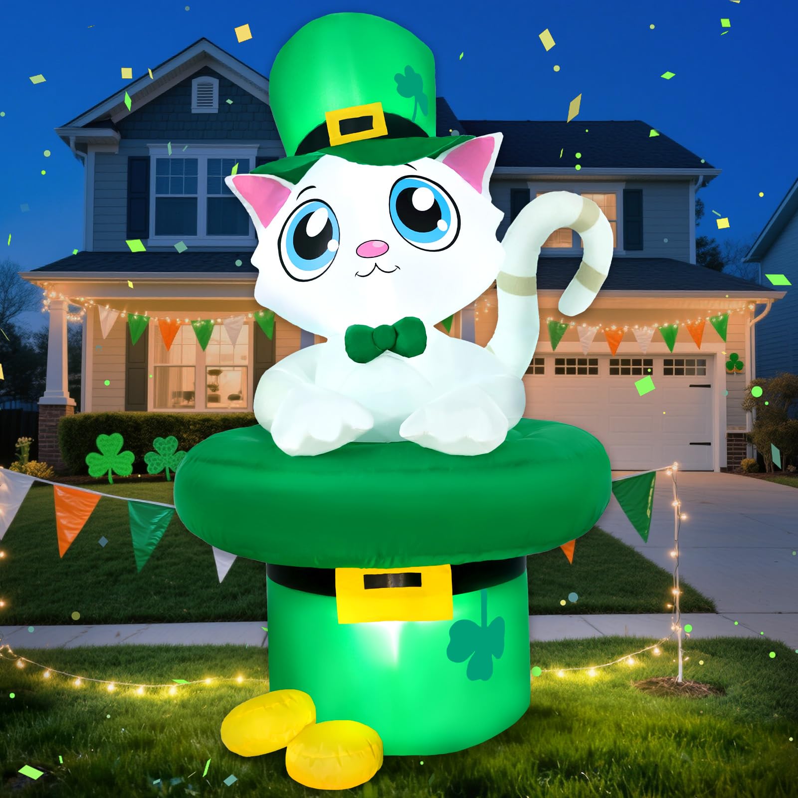 Aotiooy St. Patrick’s cat in a tall green hat boosts curb appeal.