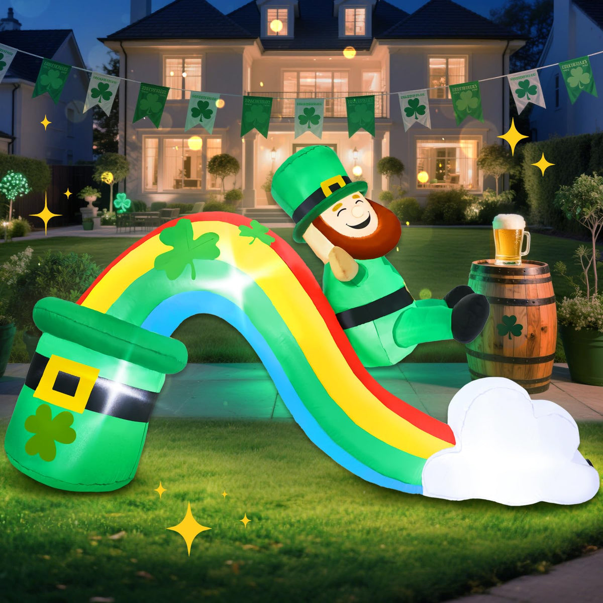 Aotiooy 7 ft St Patrick’s inflatable leprechaun slides down a rainbow with bright LED night glow.