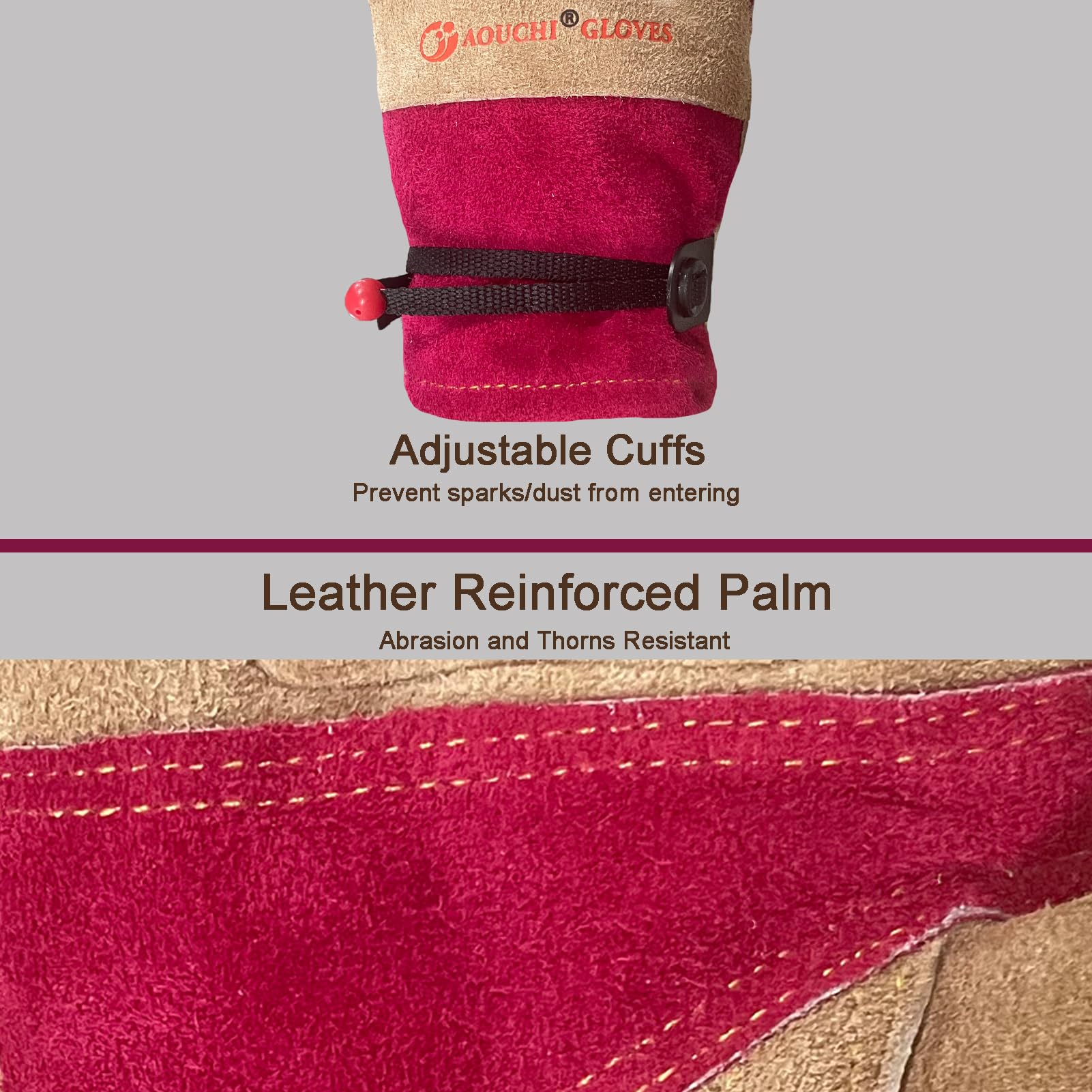 AOUCHI gloves palm grip close-up emphasizes secure tool handling