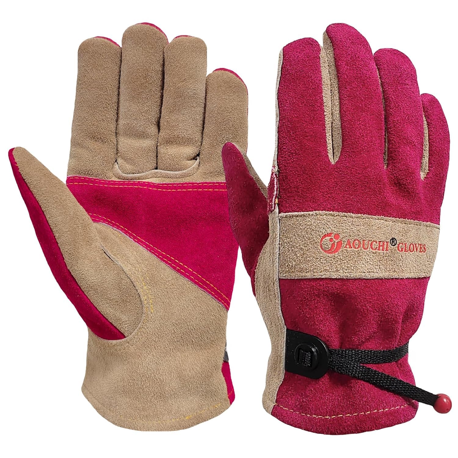 AOUCHI leather gardening gloves for women on hand for garden protection.