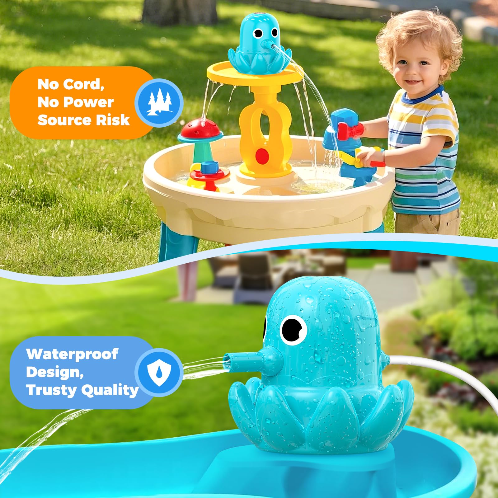Aoumcom Water Table Pump operates cordless for safe, mess-free play.