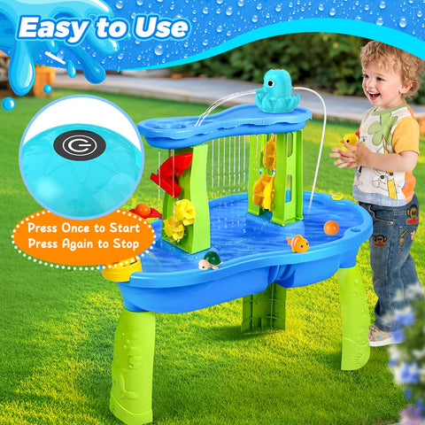 Aoumcom Water Table Pump features rechargeable battery for longer play sessions.