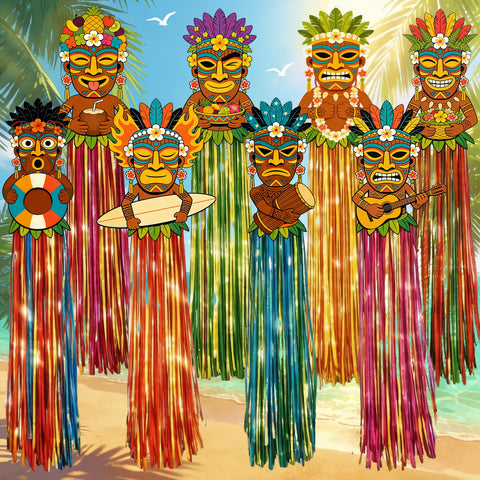 Aovaely tiki-totem hanging decoration set enhances luau backdrops with tropical charm.