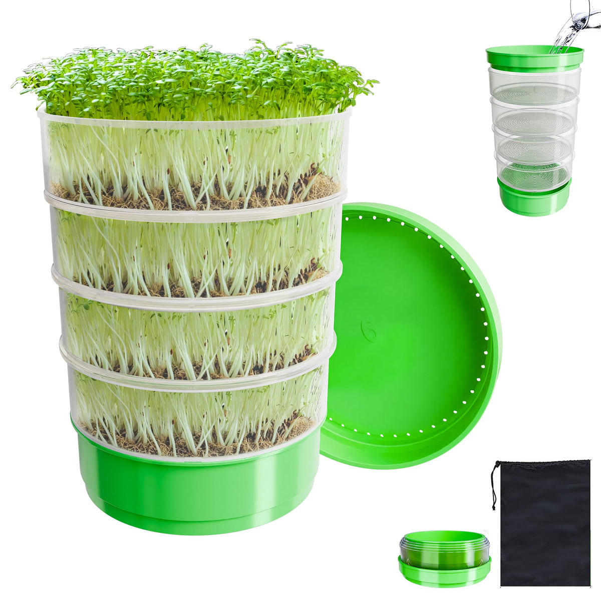 Aowalen four-tier seed sprouting kit showing drainage holes for even watering.