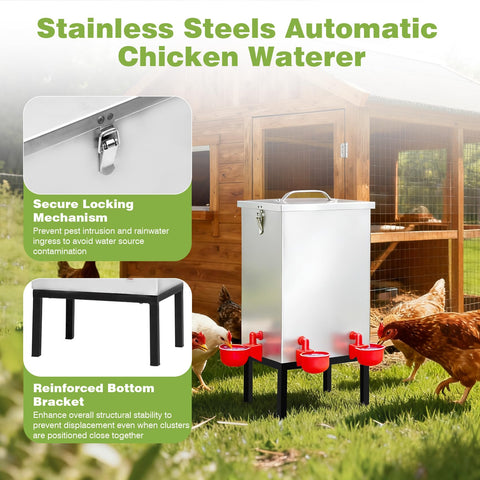 Aowoil stainless-steel chicken waterer with nipples ensures durable, weather-resistant drinking for your flock