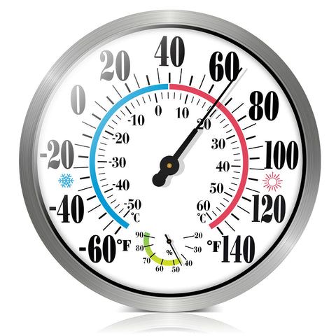 Aowutus outdoor thermometer hygrometer with 12-inch dial for easy outdoor readings