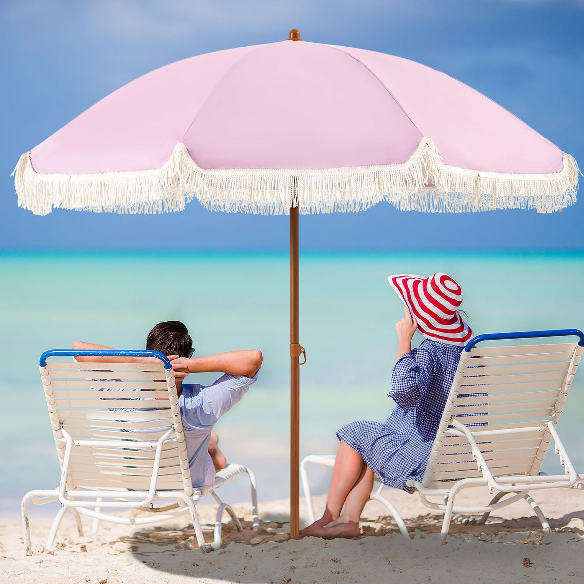 Aoxun 7ft patio umbrella with pink fringe providing stylish shade outdoors