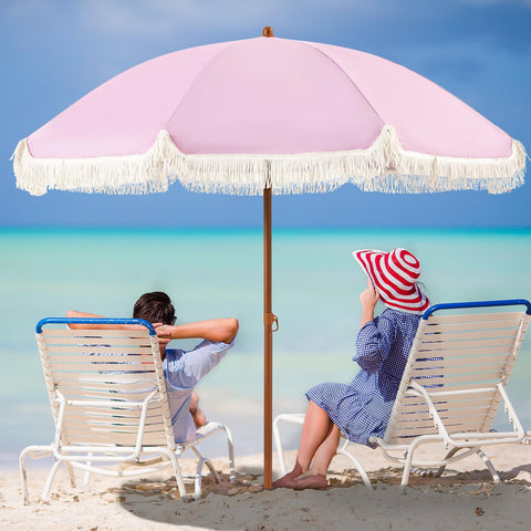 Aoxun 7ft patio umbrella with pink fringe providing stylish shade outdoors
