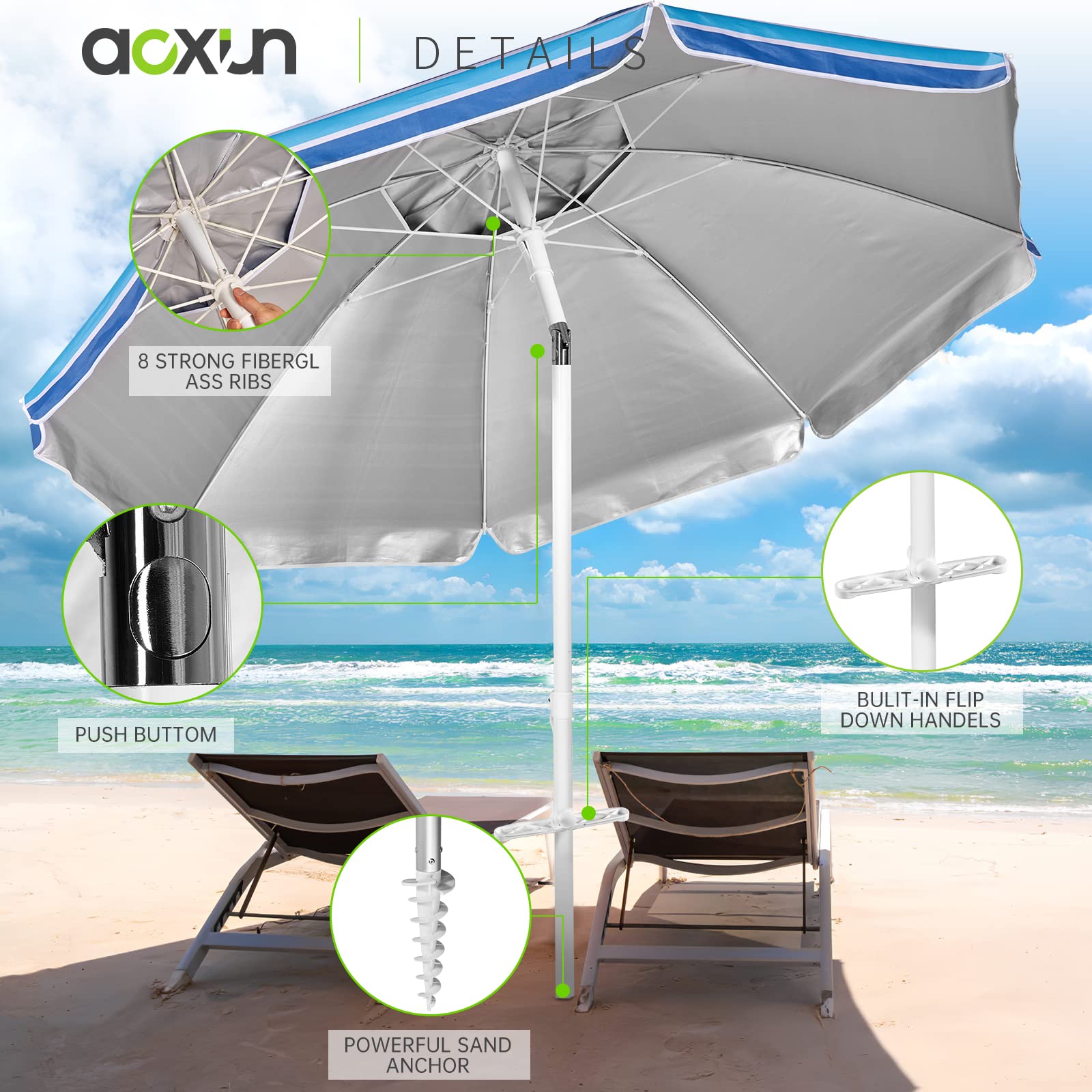 Aoxun Beach Umbrella sand anchor keeps the shade steady on windy shores