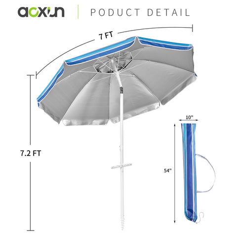 Aoxun sand anchor stabilizes the umbrella on sandy shores for wind stability.