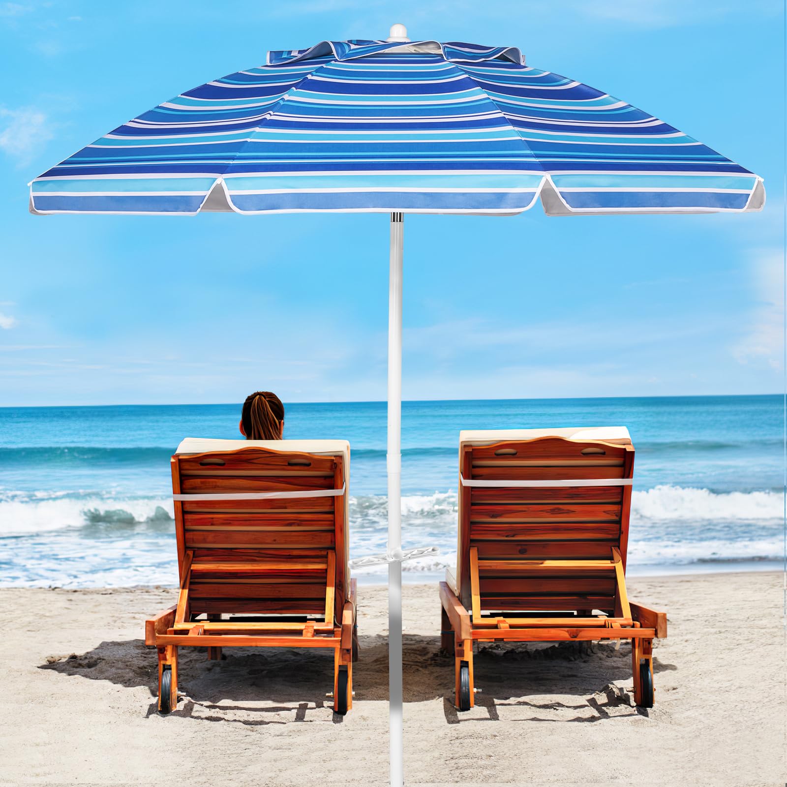 Aoxun beach umbrella tilt mechanism showing adjustable sun protection.