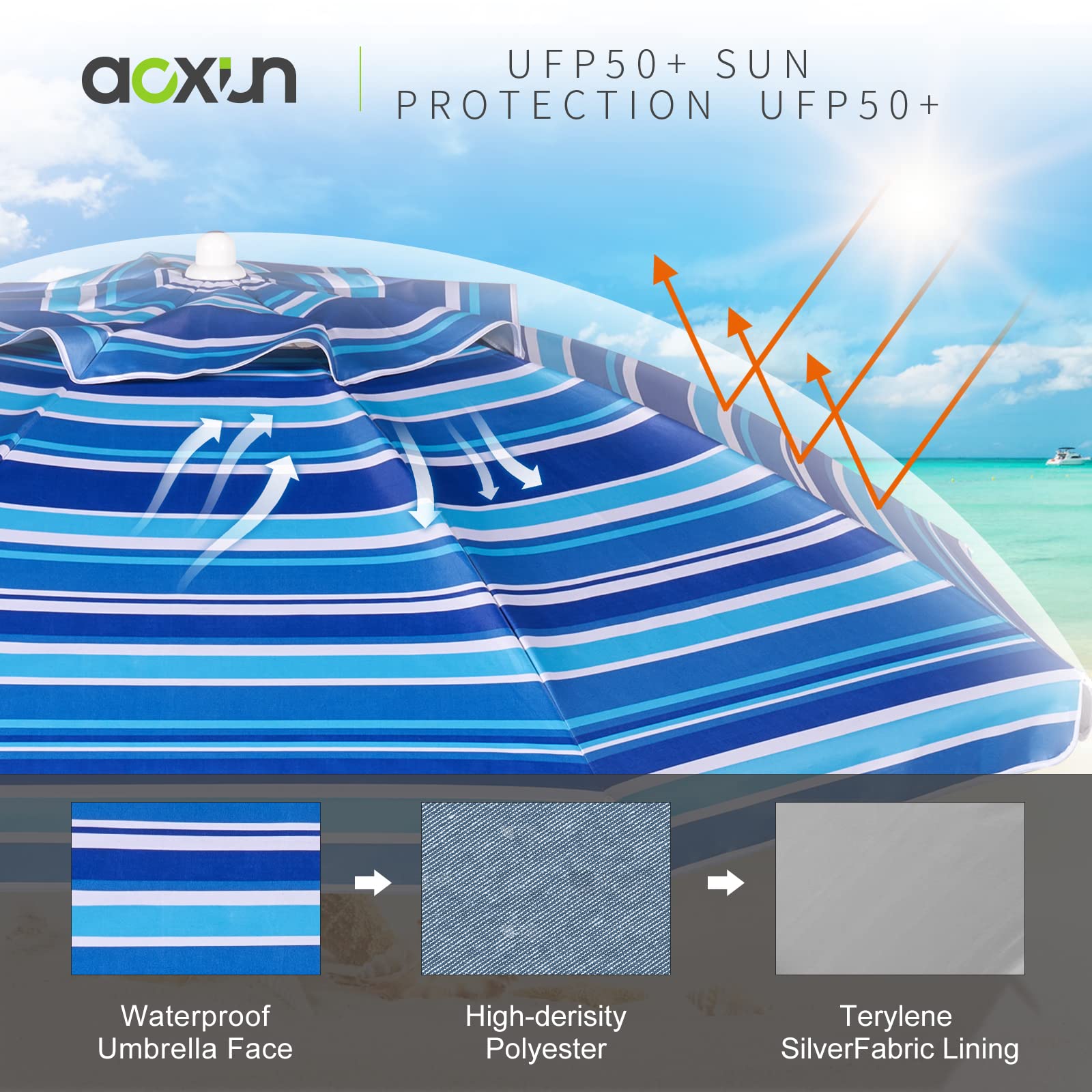 Aoxun Beach Umbrella air vent top improves stability in gusty conditions