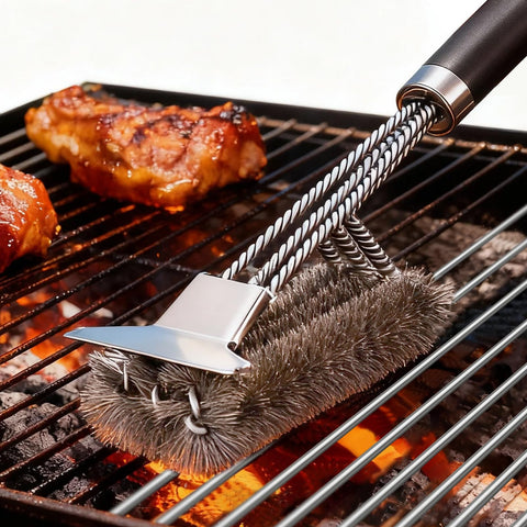 AOZOY Grill Brush with Scraper showcases a heavy-duty design for deep cleaning.