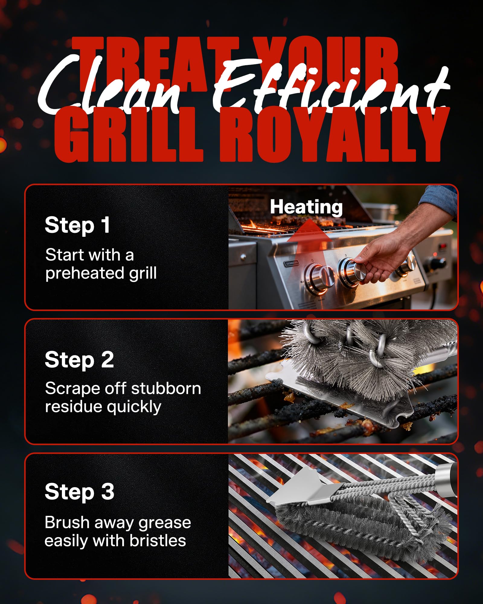 Close-up shows scratch-free cleaning on varied grill grates with AOZOY.