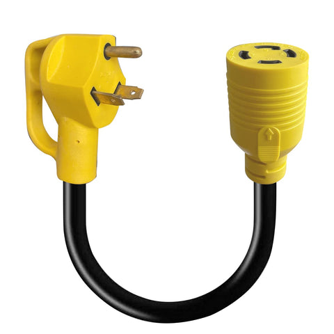 Apalie TT-30P to L14-30R connector in use, showing safe generator-to-inlet connection