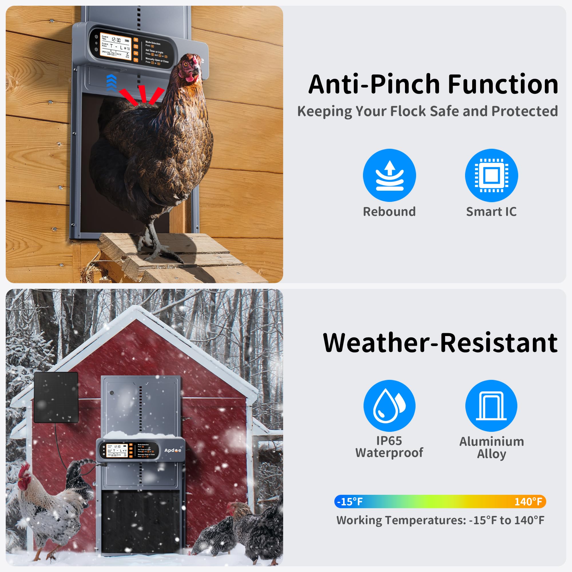 Clear LCD display visible in sunlight for quick setup