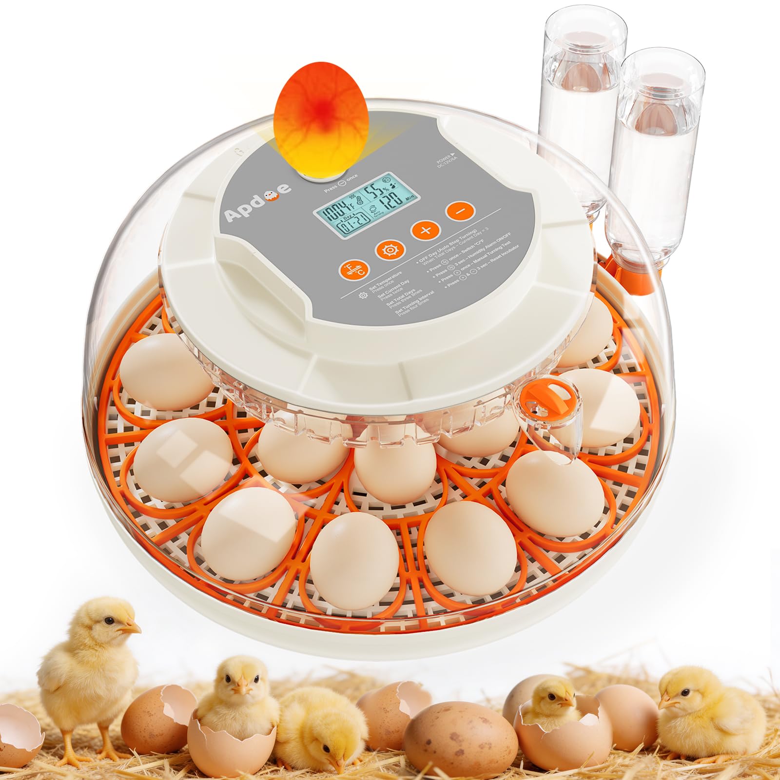 Apdoe HatchPro 18 incubator front view showing compact size and dual trays for versatility