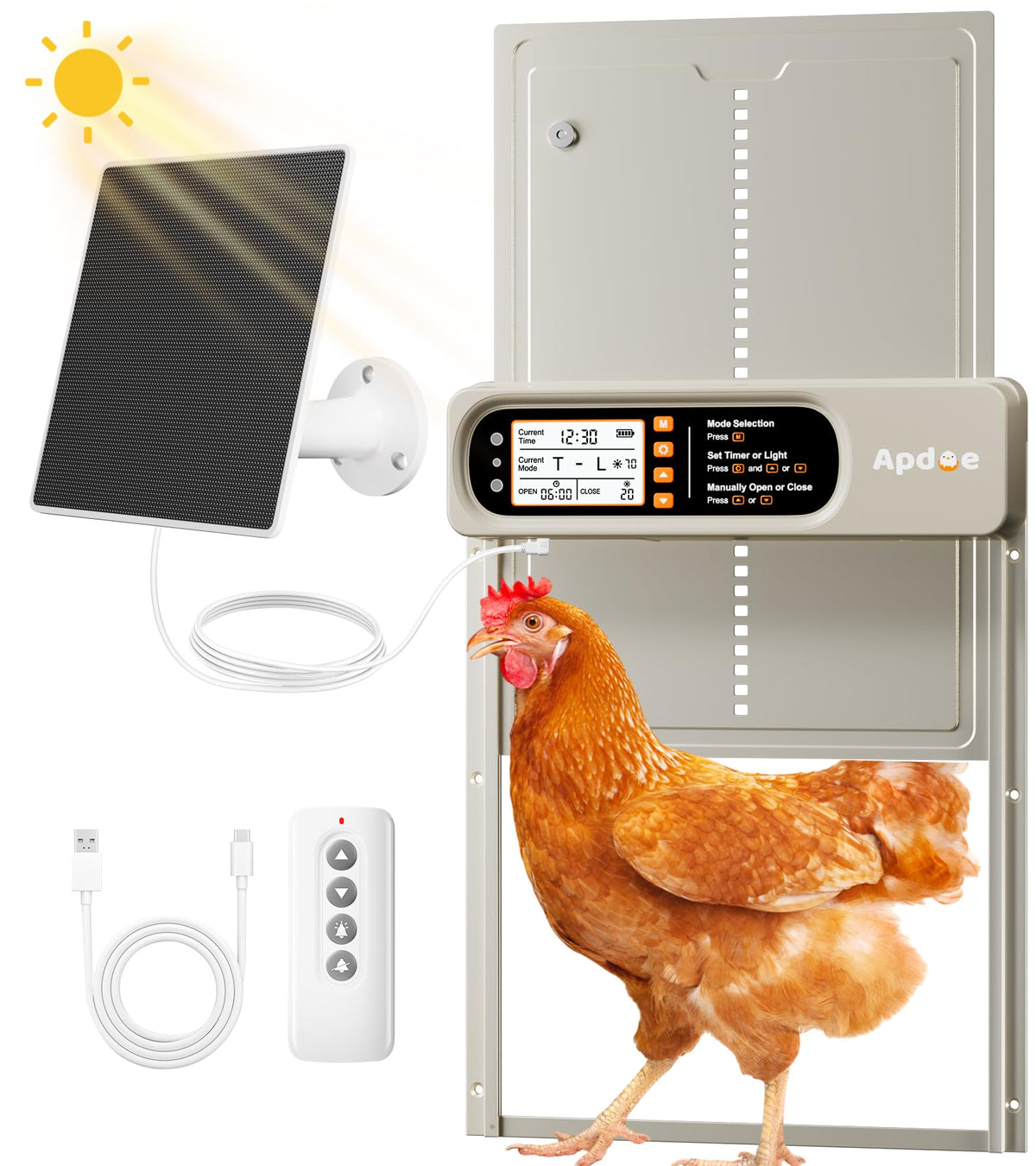 Apdoe solar panel powers the coop door for reliable daily operation