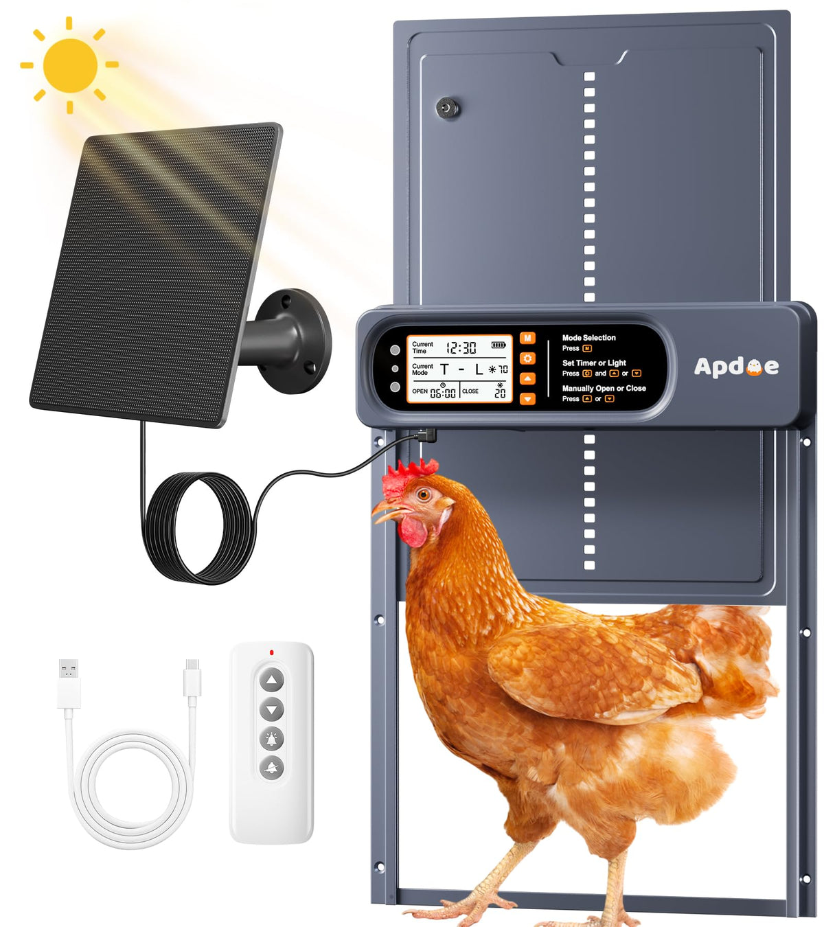 Apdoe solar coop door with panel powering hands-free operation