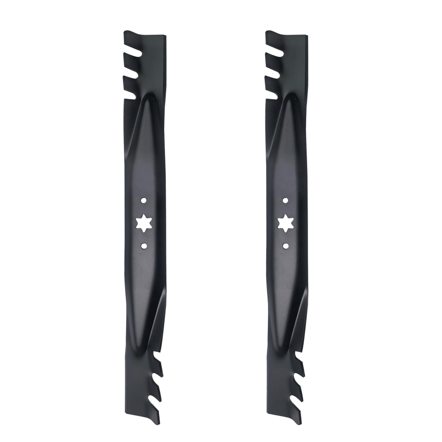 Apeixoto 2-pack 42-inch blades with serrated edges for precise mulching and lawn care.