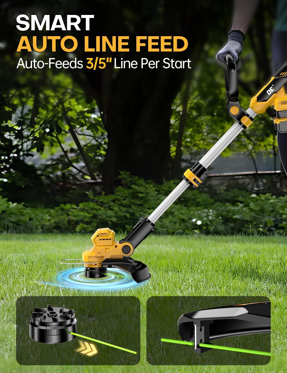90-degree adjustable cutting head for tight spaces and varied terrains