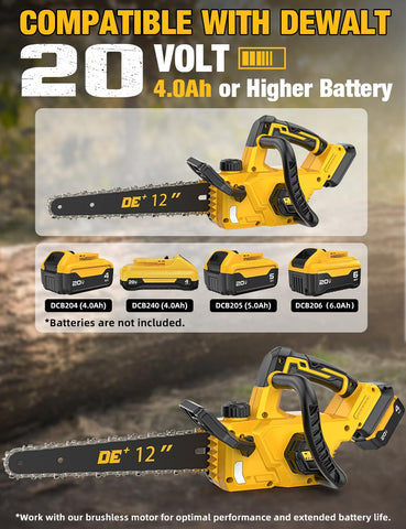APEXPPOWER chainsaw showing DeWalt 20V battery compatibility for convenient power