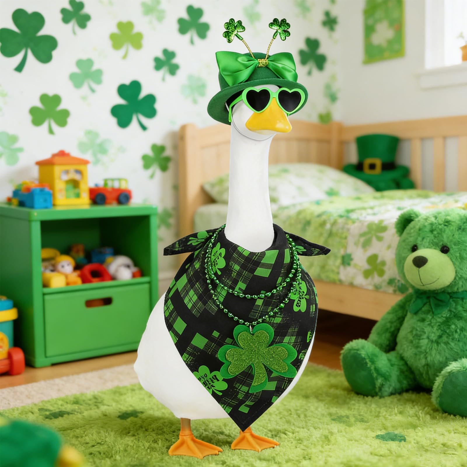 APHIUFR goose hat with clover bow adds playful festive flair to outdoor decor.