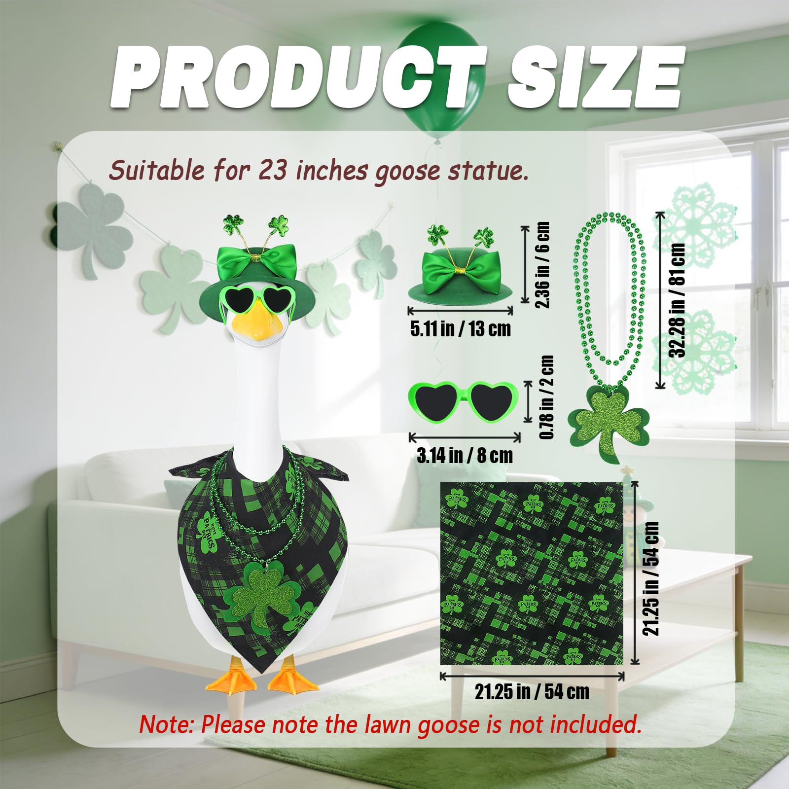 APHIUFR clover necklace adds lucky accent to outdoor goose decor.